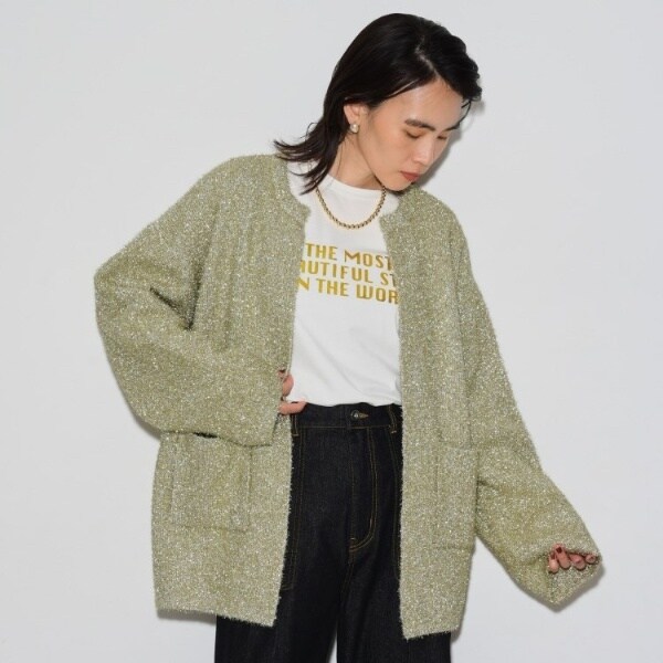 【新品】GALLEST メタリックフェザーカーディガン　シルバー　M 新品】GALLEST メタリックフェザーカーディガン シルバー Mの通販 by