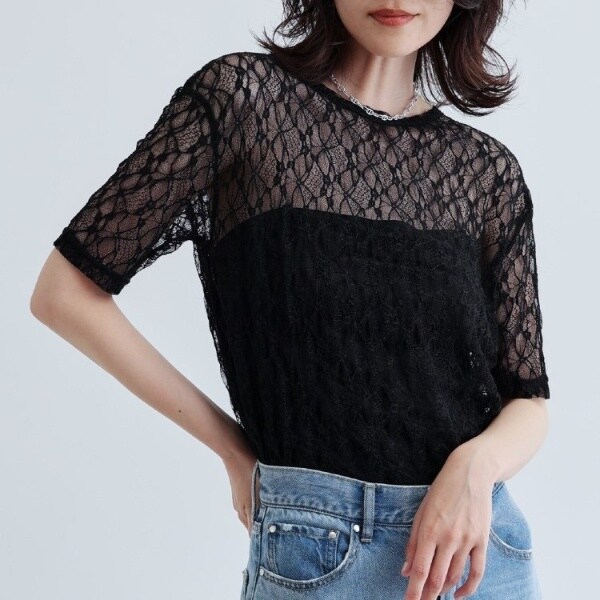 ギャレスト☆総レースのニットソー カットソー サイズ38 黒系 ふんわり
