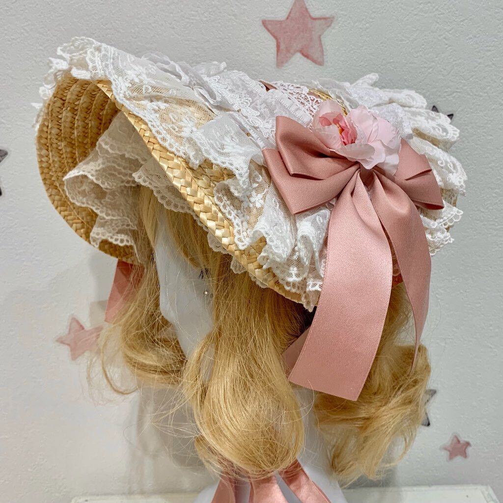 tulleピンクリボンフリル麦わらボンネット Strawberry 麦わらボンネット レッド | tulle オンラインストア