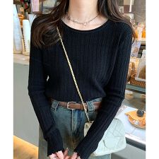 ラウンドネックメロウフリルリブニット