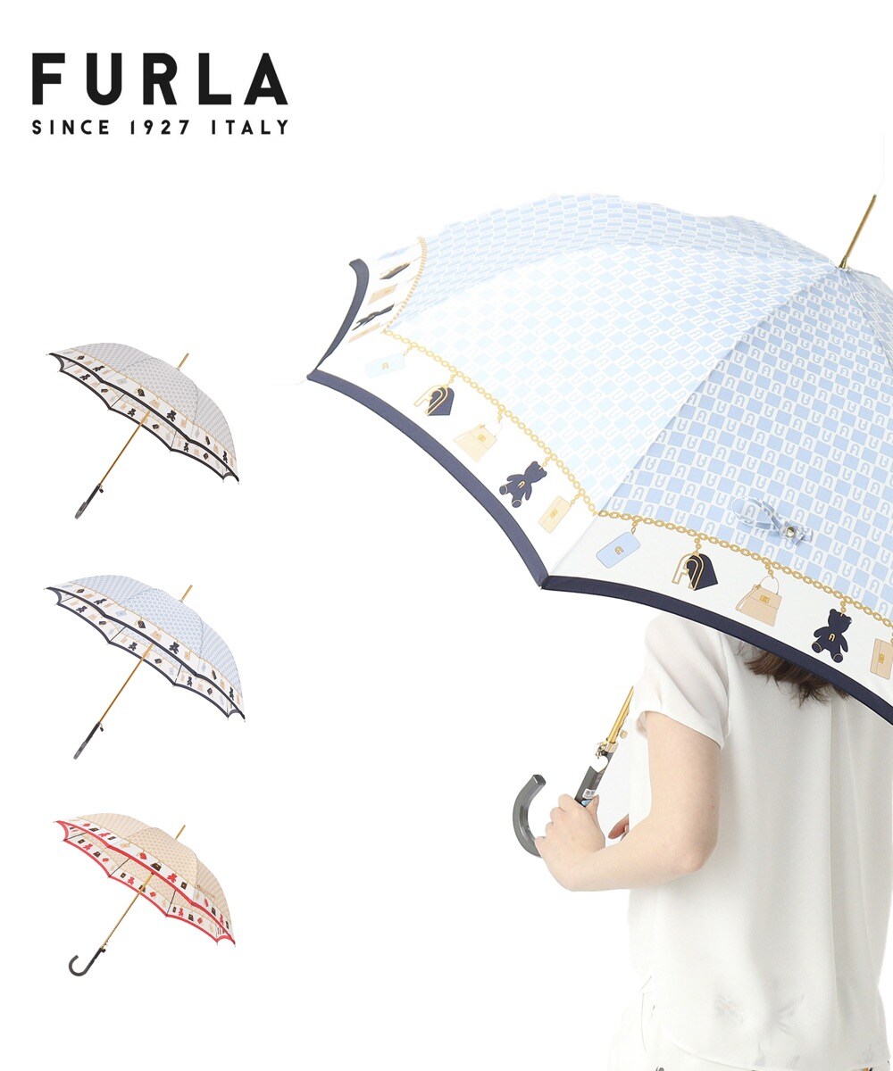 未使用品】フルラ ロゴ×ボーダー 晴雨兼用 長傘 日傘 グレー
