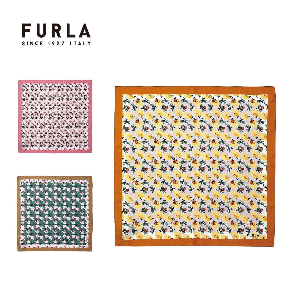 FURLA (フルラ) シルクツイル花柄菱形スカーフ☆送料関税無料 洗える】シルクスカーフ 58×58cm 花柄 ロゴ ボタニカル UV