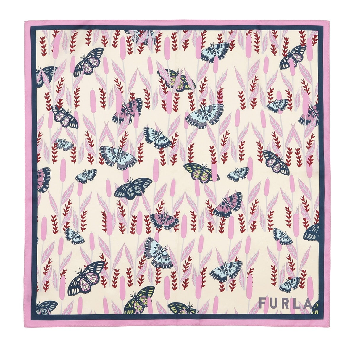 新品 ブルガリ スカーフ ピンク マルチカラー シルク バタフライ 蝶 シルクスカーフ 58×58cm ツイル 蝶柄 花柄 バタフライ ロゴ UV