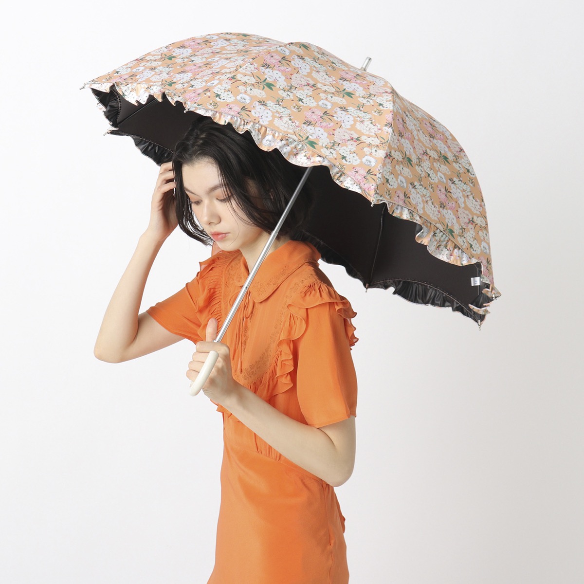 一級遮光 晴雨兼用 長傘 フレアフリル SAKURA 深張り 遮熱 UV | ポール