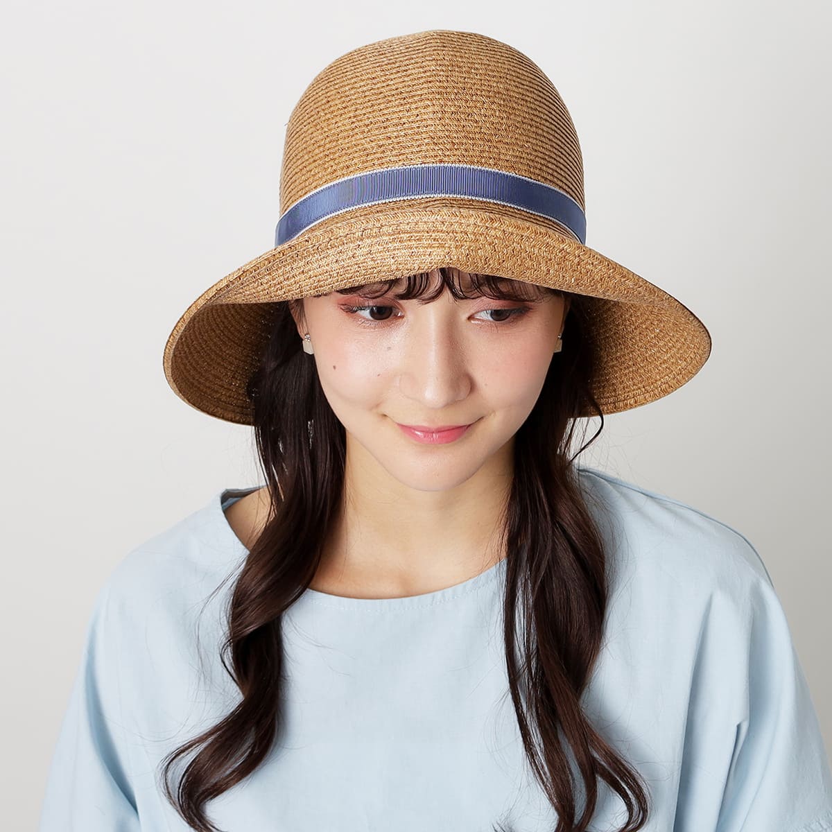 ペーパーブレード広つばハット 帽子 UV 洗える リボン ロゴ刺繍