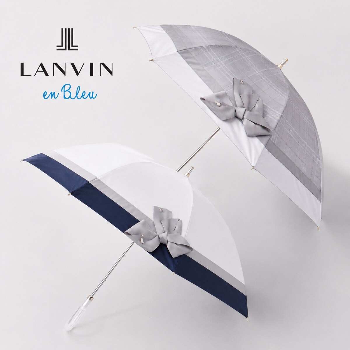 【新品】ランバンオンブルー ビジューリボン 晴雨兼用 楽折 日傘 パラソル 晴雨兼用日傘 長傘 バイカラー 切り継ぎ ビジュー リボン 遮光 遮熱 UV