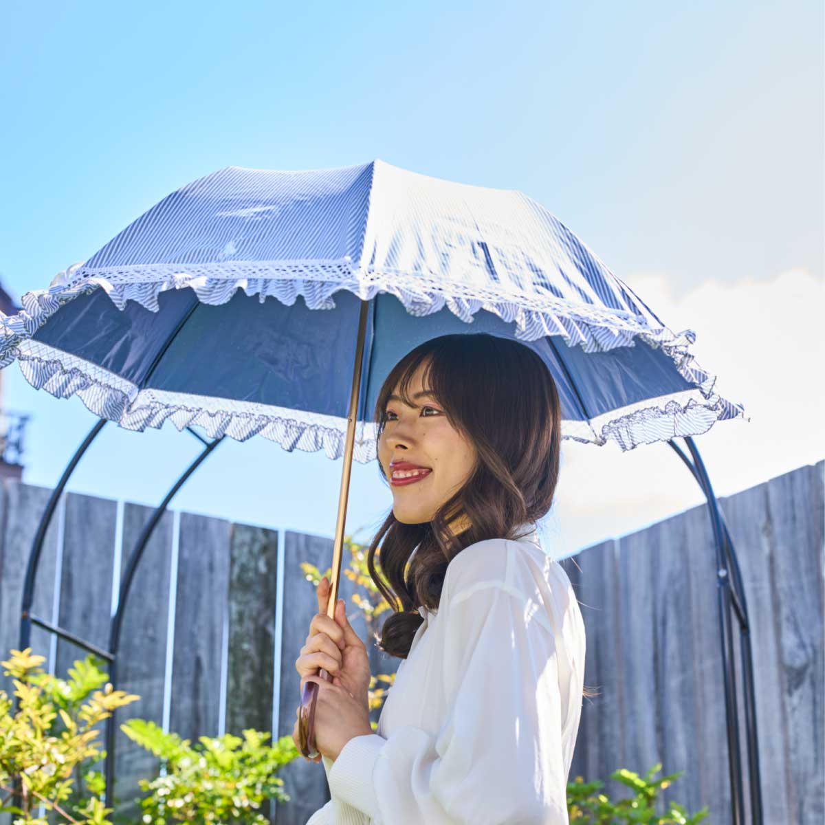 晴雨兼用日傘 長傘 ストライプフリル 遮光 遮熱 UV 軽量 | ポロ