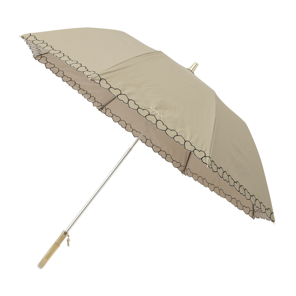 ★新品★フルラ　折りたたみ傘　晴雨兼用　UV加工　黒　ゴールドハート柄 晴雨兼用日傘】フルラ (FURLA) ハート刺繍 一級遮光99.99％ 遮熱