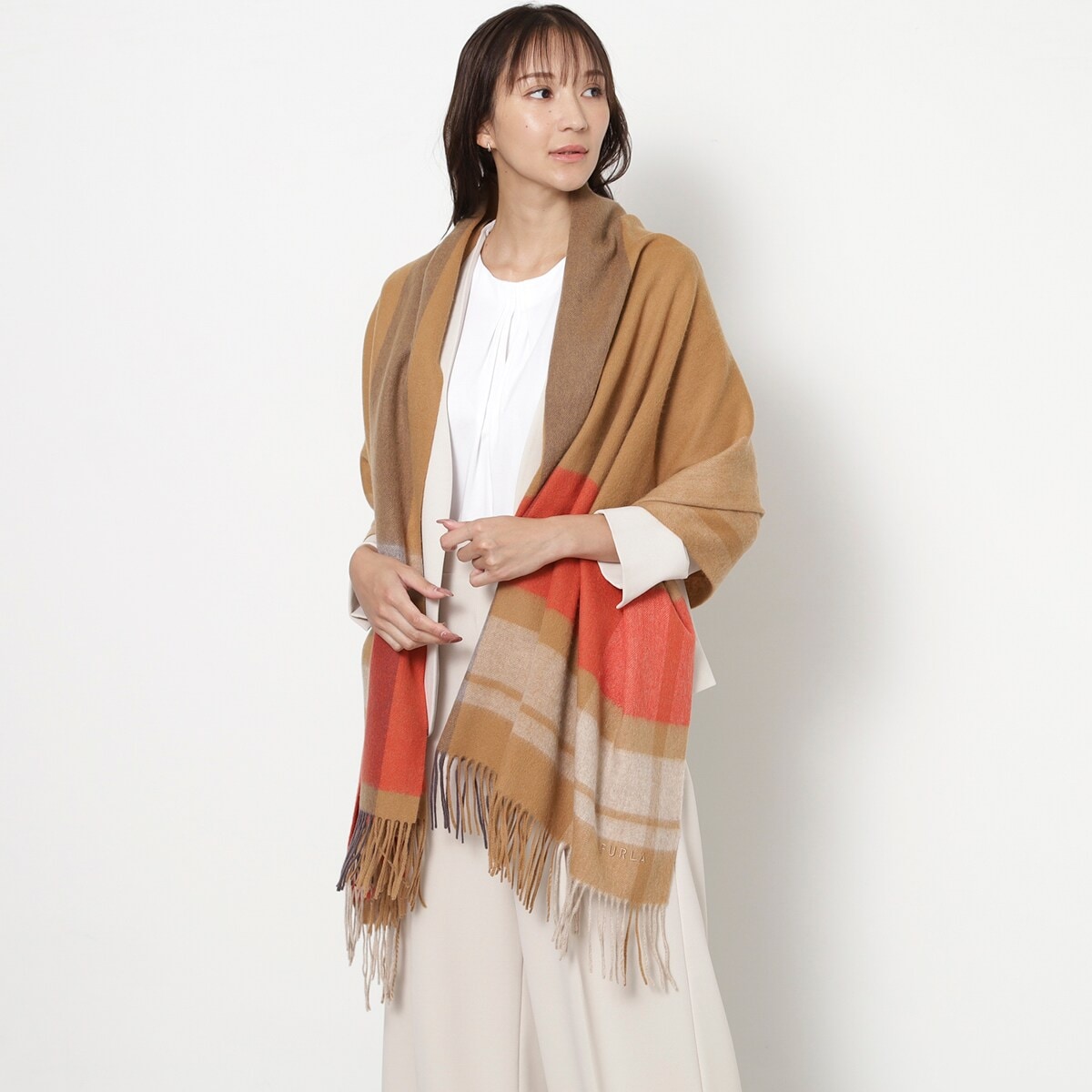 シルクカシミヤ梳毛薄手ストール 55×185cm カラーブロック ロゴジャ