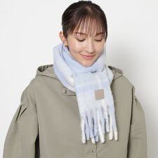 【日本製】本革ネーム付き アルパカ混シャギーマフラー 25×180cm チェック ロゴ