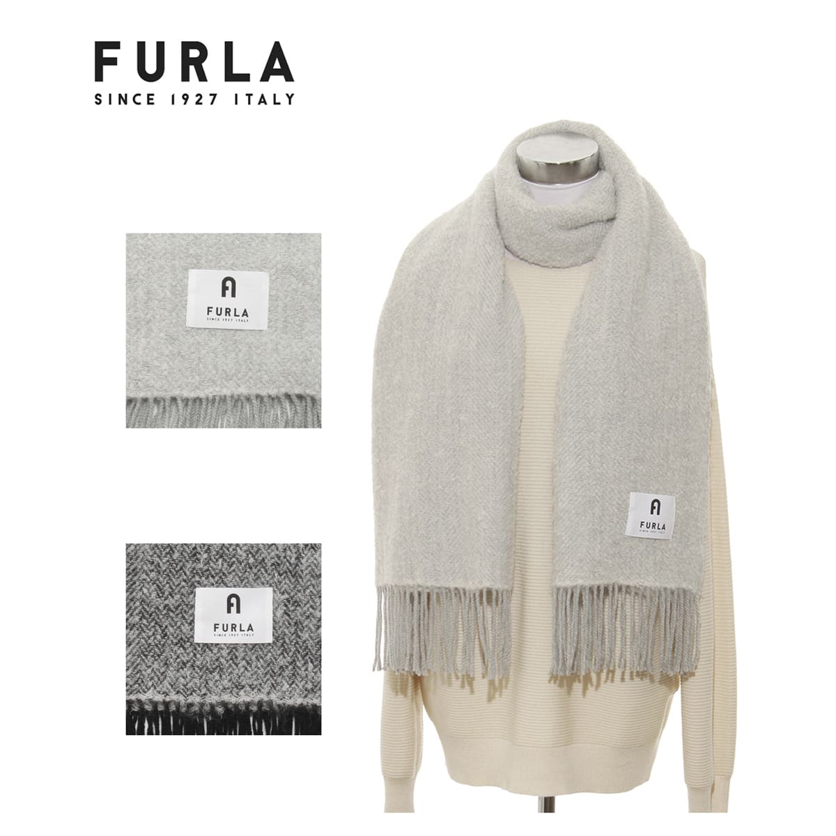 【日本製】アルパカ混ツイード調ストール 50×185cm 無地 ロゴ -BLACK＆WHITE-