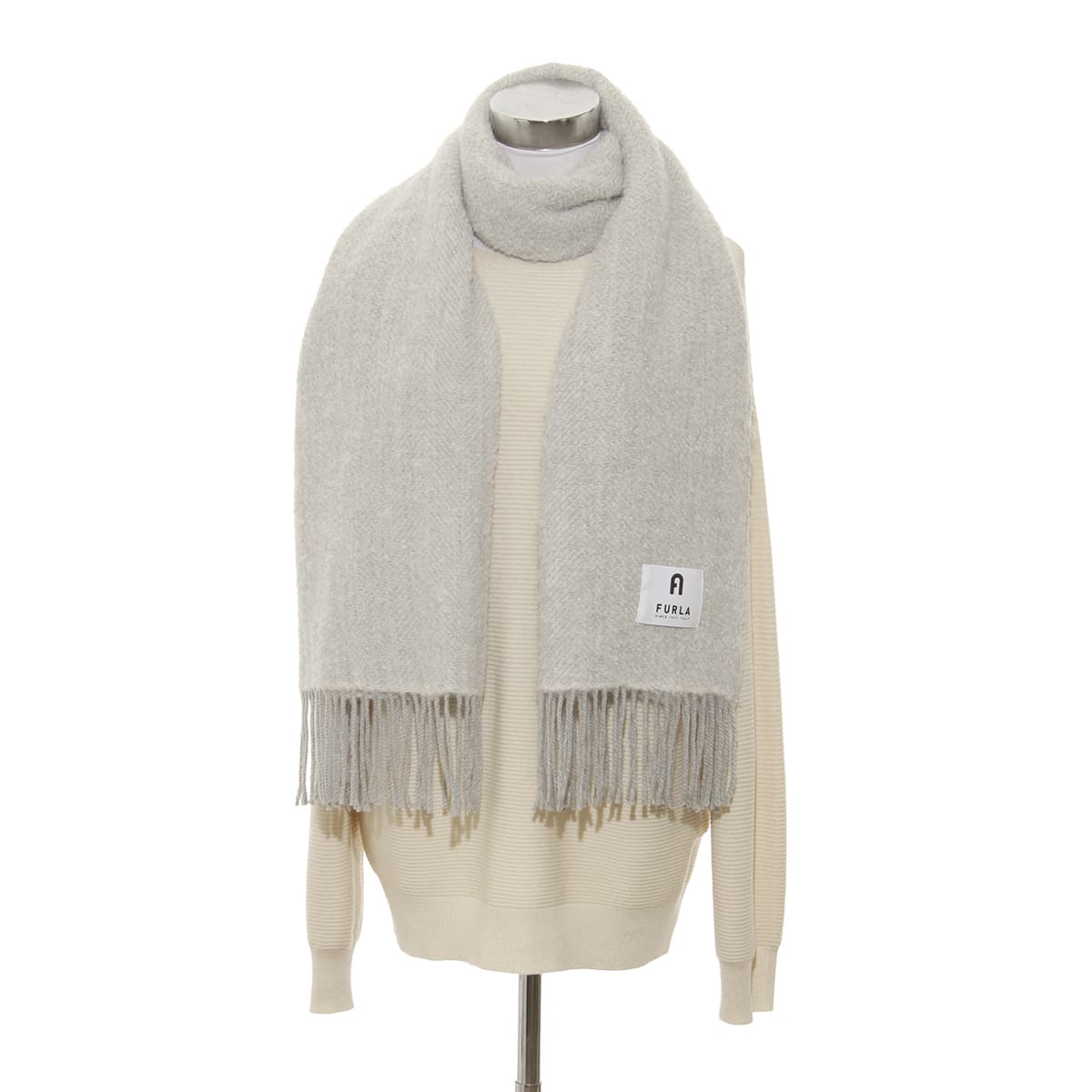 【日本製】アルパカ混ツイード調ストール 50×185cm 無地 ロゴ -BLACK＆WHITE-