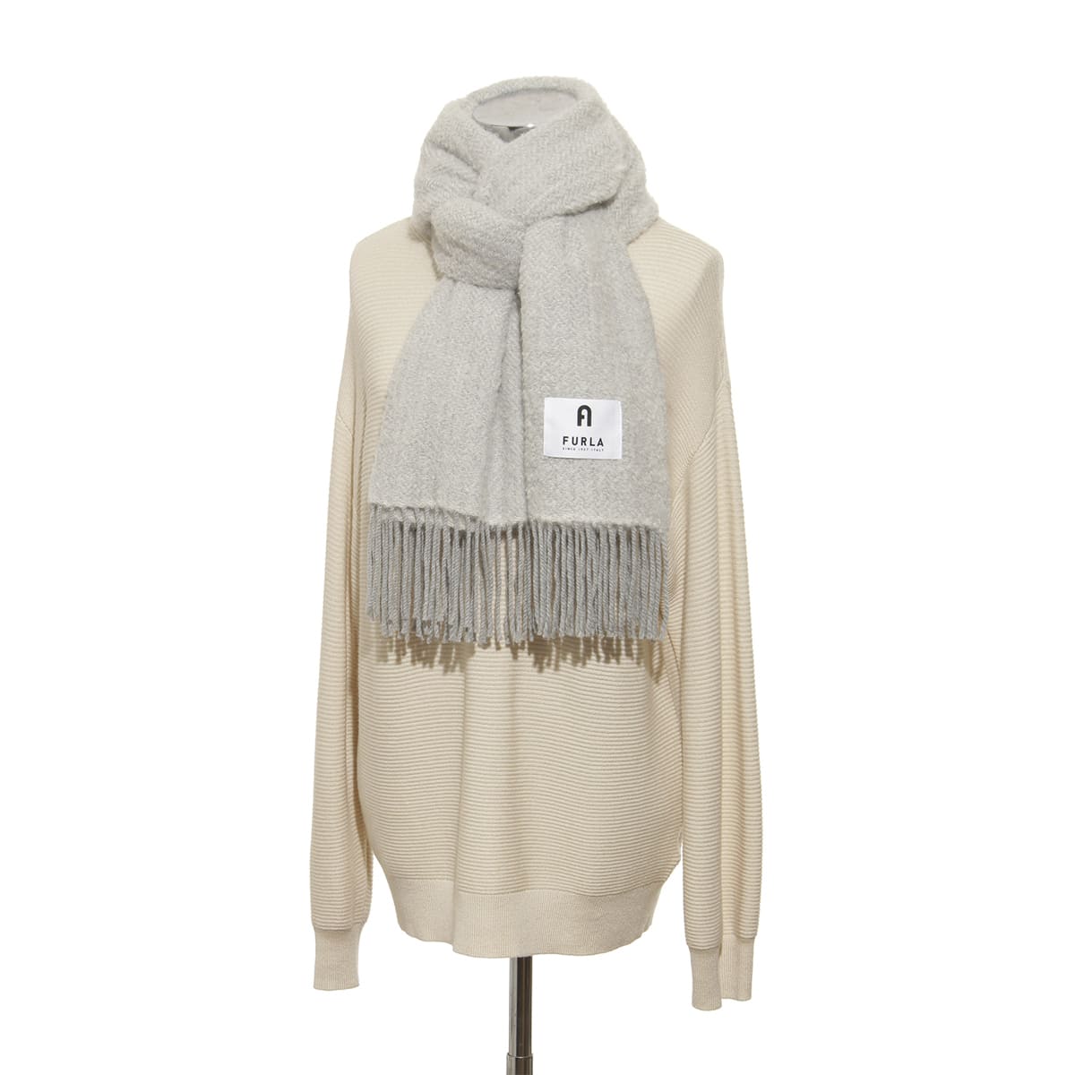 【日本製】アルパカ混ツイード調ストール 50×185cm 無地 ロゴ -BLACK＆WHITE-