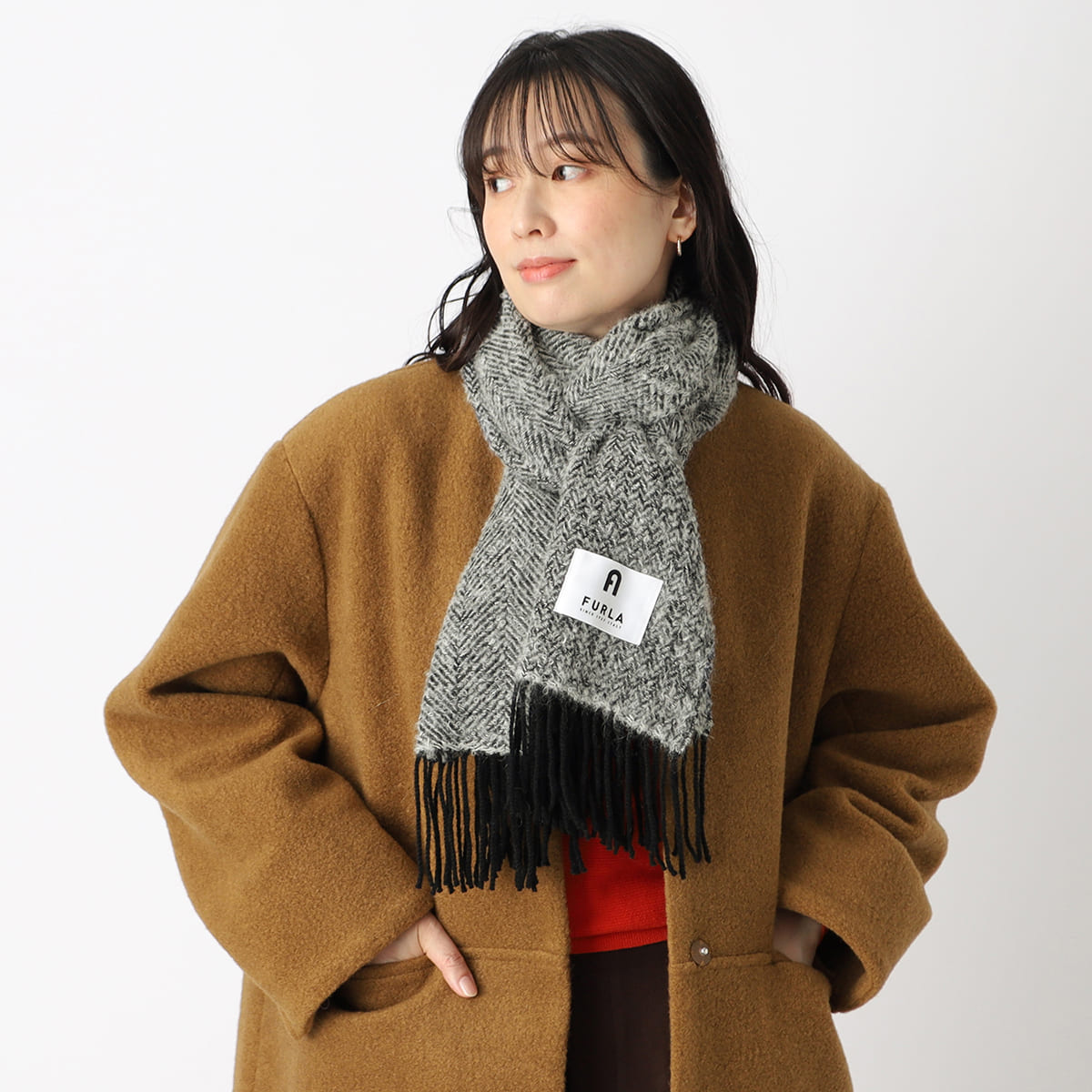 【日本製】アルパカ混ツイード調ストール 50×185cm 無地 ロゴ -BLACK＆WHITE-