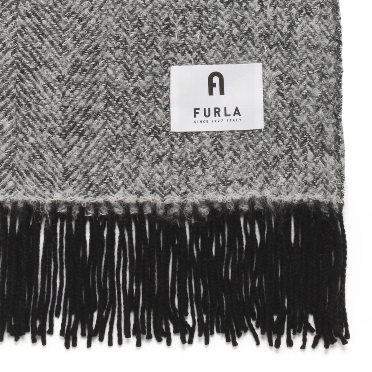 【日本製】アルパカ混ツイード調ストール 50×185cm 無地 ロゴ -BLACK＆WHITE-