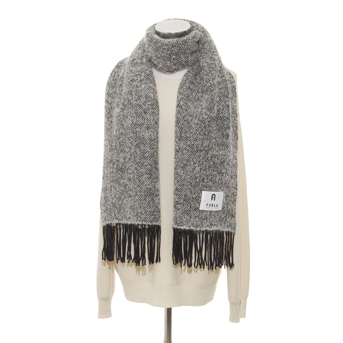 【日本製】アルパカ混ツイード調ストール 50×185cm 無地 ロゴ -BLACK＆WHITE-