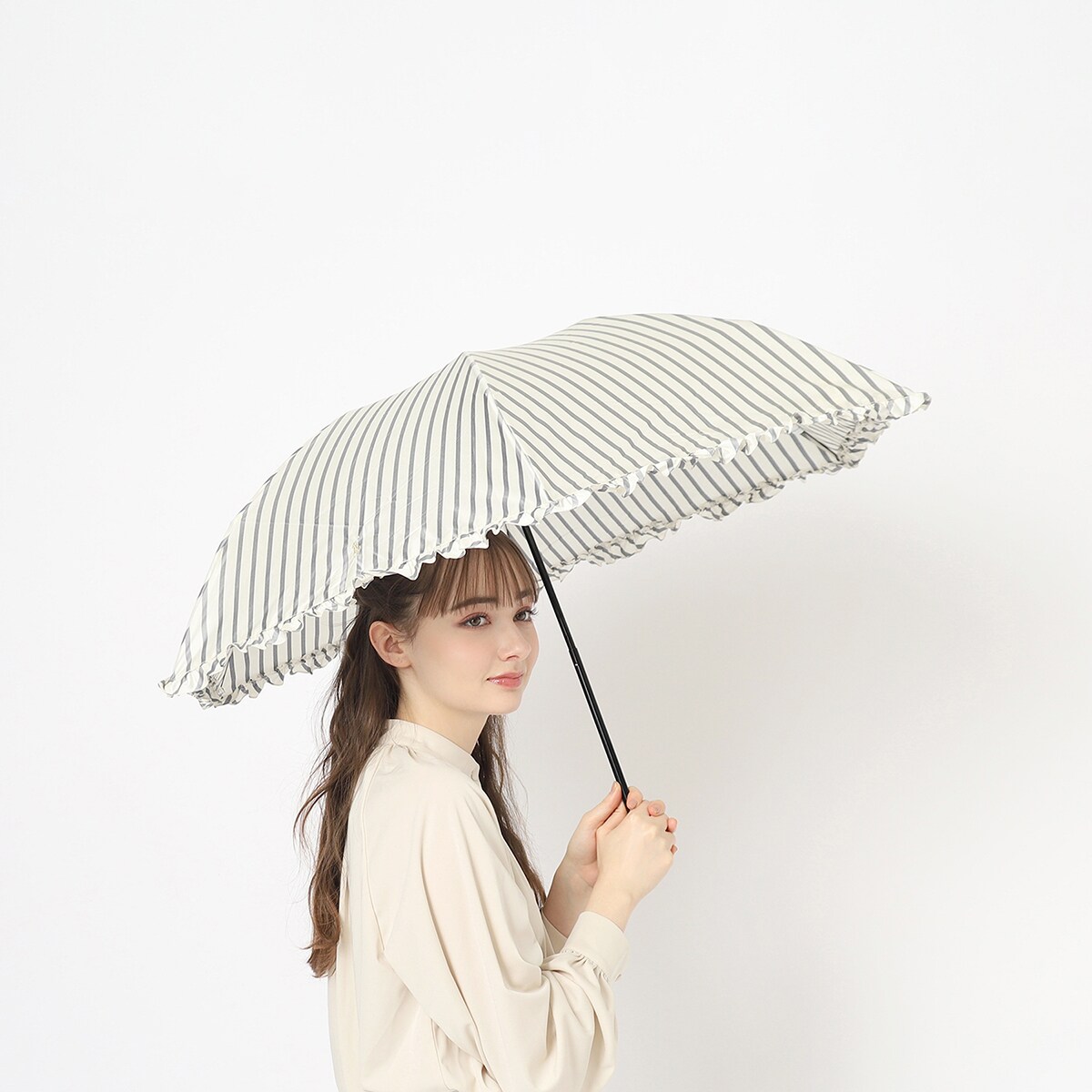 雨傘 折りたたみ傘 ストライプフリル ツイル先染 ロゴ グラス