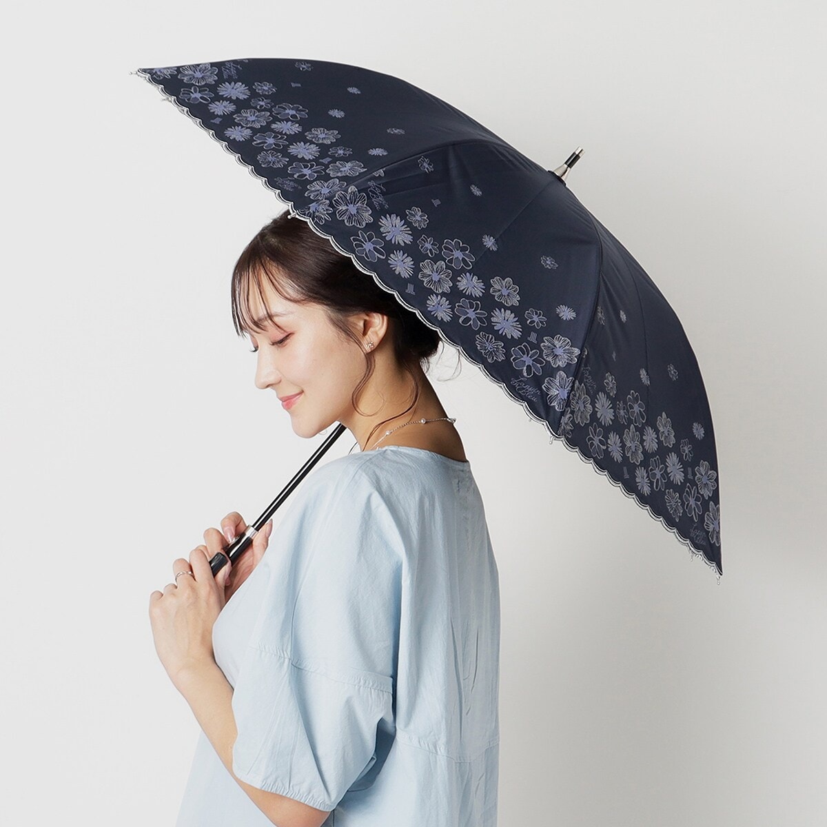 ランバンオンブルー♪遮熱効果＋遮光♪晴雨兼用パラソル(ブラック) 晴雨兼用日傘 長傘 花柄 フラワー グリッター シルバースカラ