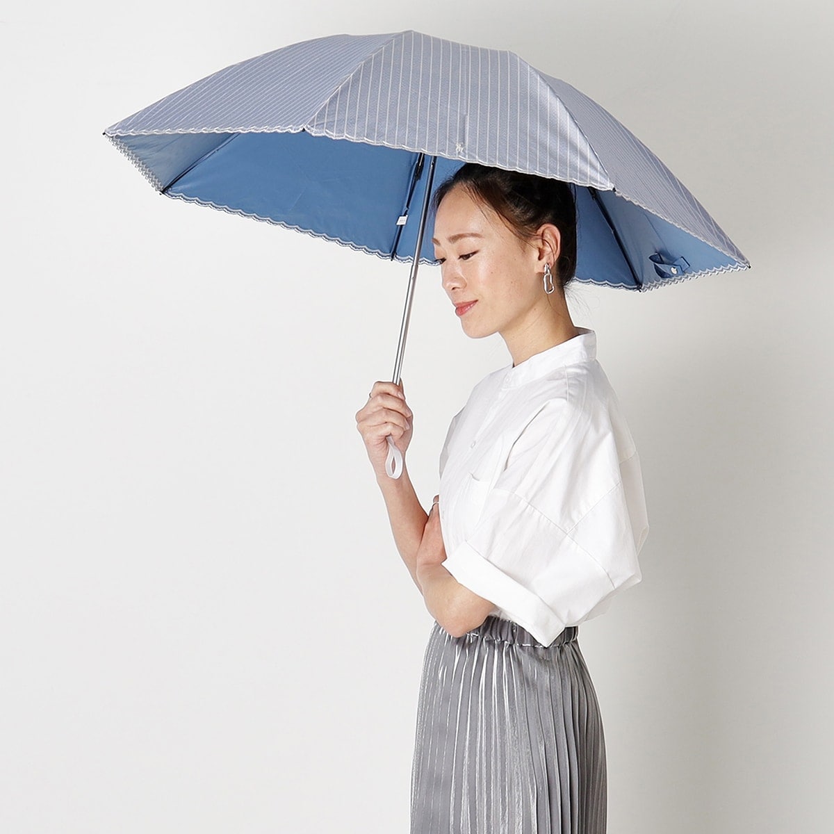 晴雨兼用日傘 長傘 ストライプフリル 遮光 遮熱 UV | ポロ