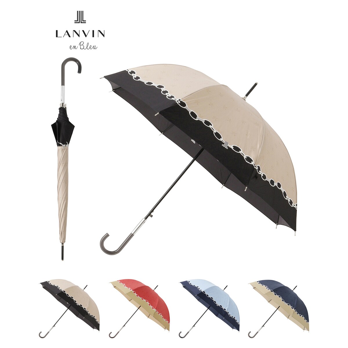 【LANVIN en Bleu】長傘 ジャガードボーダー ジャンプ 耐風傘】雨傘 長傘 ジャンプ式 ジャガード ボーダー ロゴ ハート