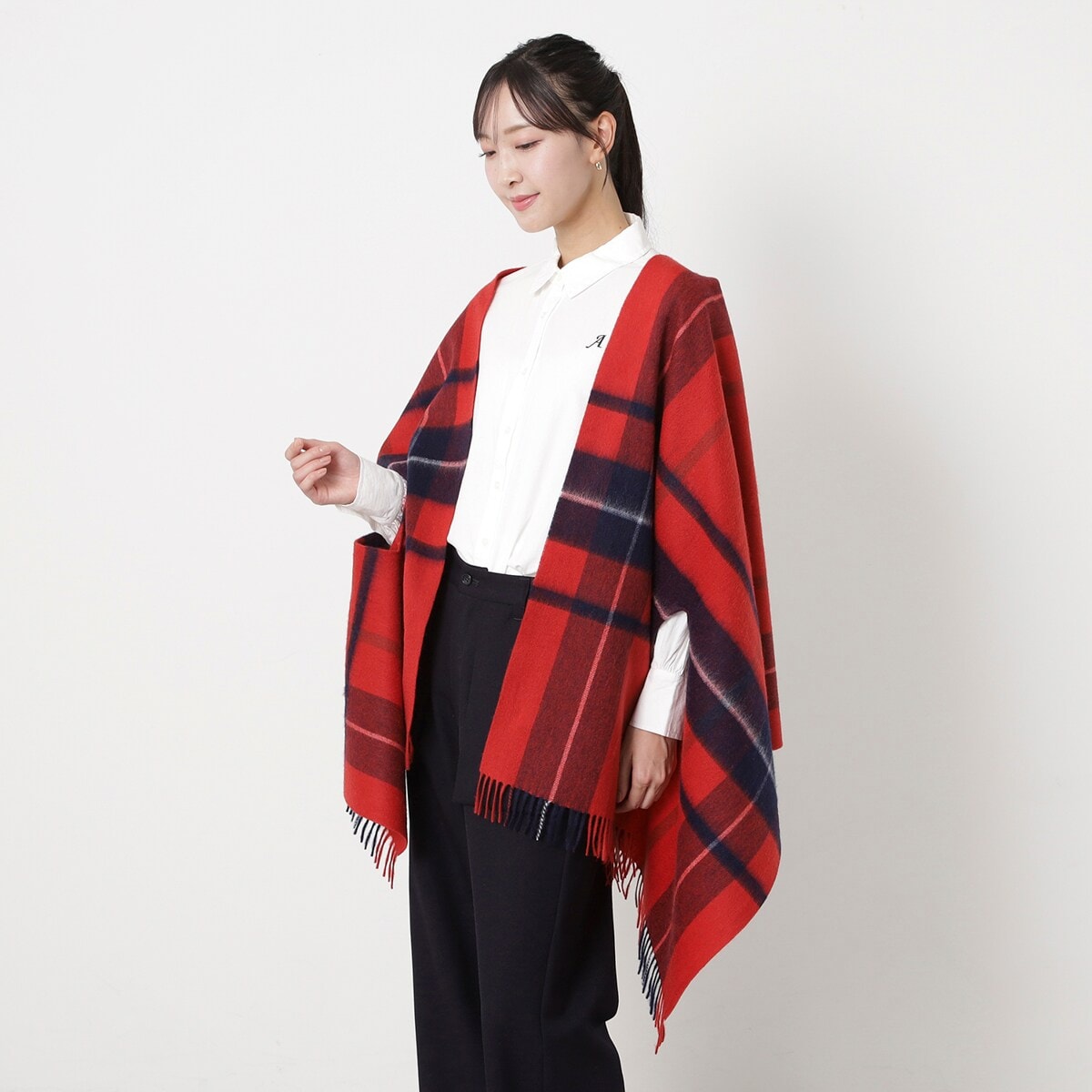 マッキントッシュフィロソフィーのウール100%チェックポンチョストール MACKINTOSH PHILOSOPHY ウール100%超大判チェックポンチョ
