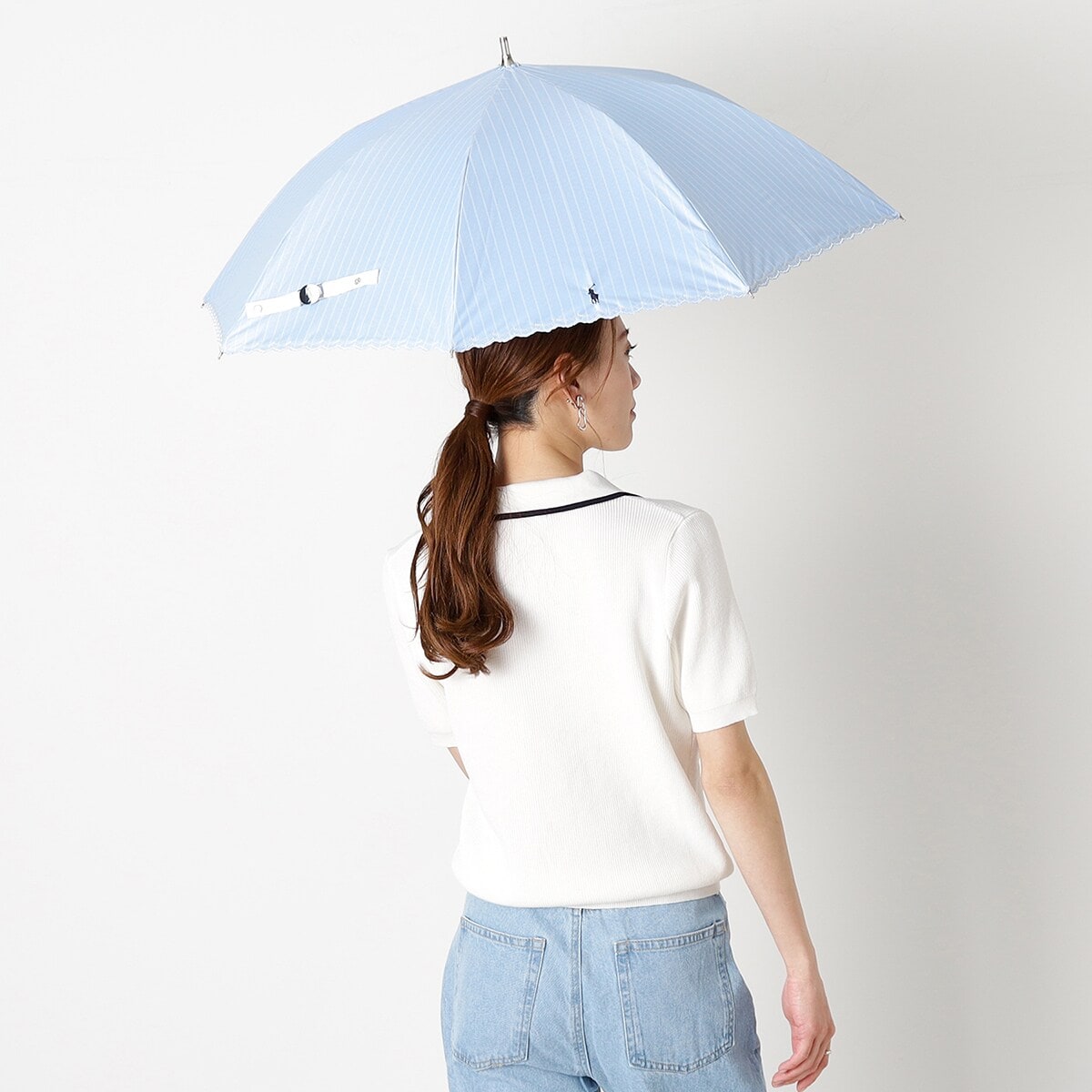 晴雨兼用日傘 ショート傘 ポロポニー ストライプ スカラ刺繍 遮光 遮熱