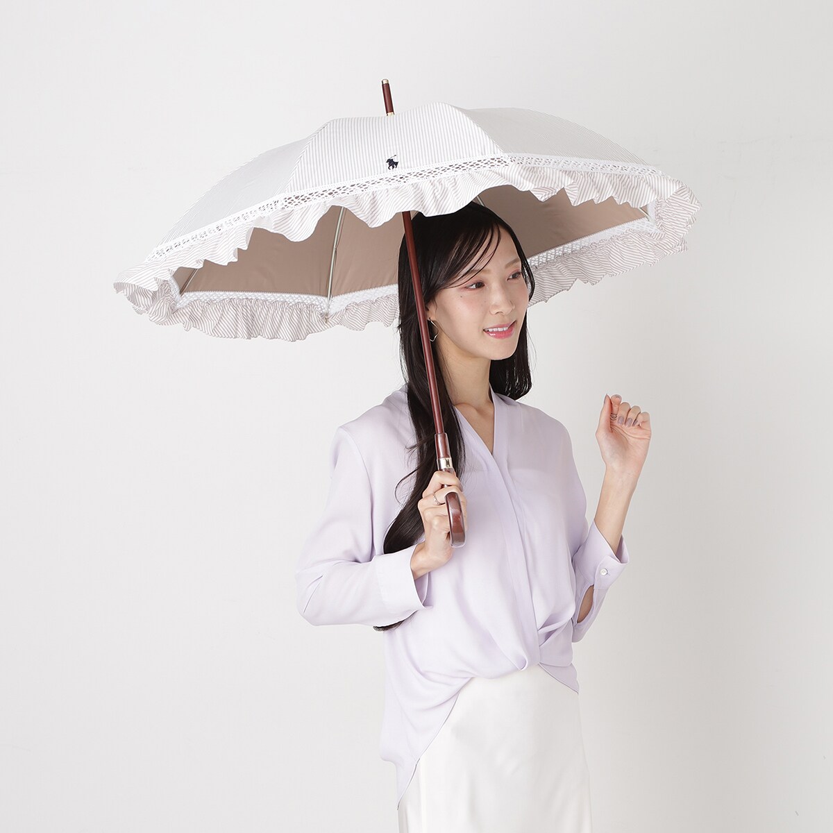 ラルフローレン 日傘 フリル ストライプ 木製 木棒】晴雨兼用日傘 ショート傘 ストライプフリル ポロポニー ワン