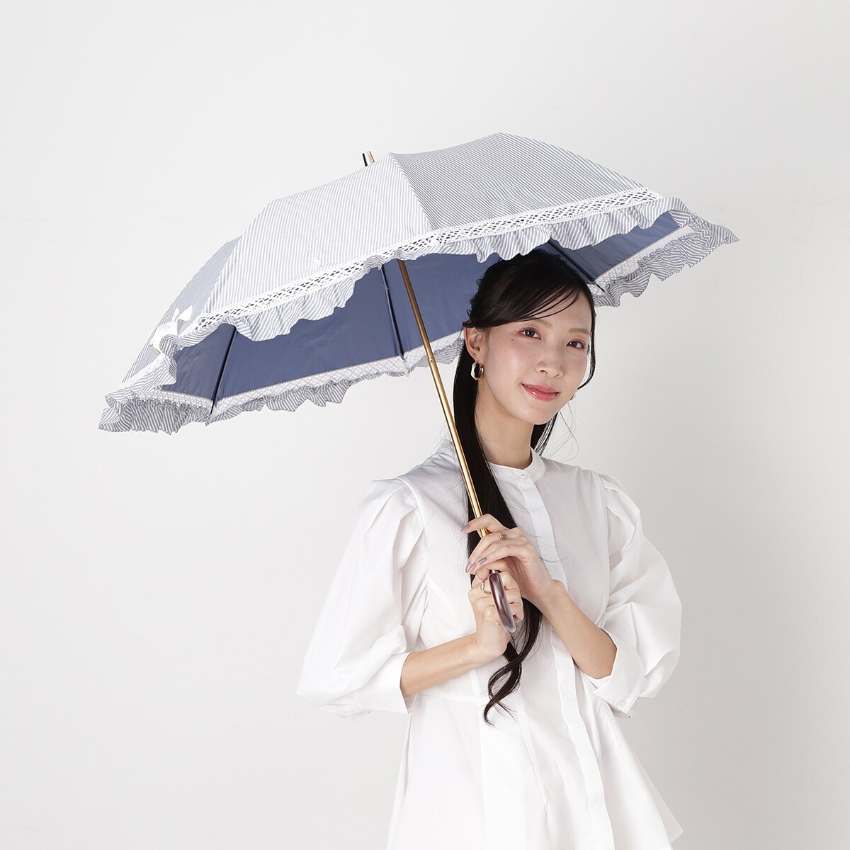 晴雨兼用折りたたみ日傘 楽折 ストライプフリル ポロポニー ワン