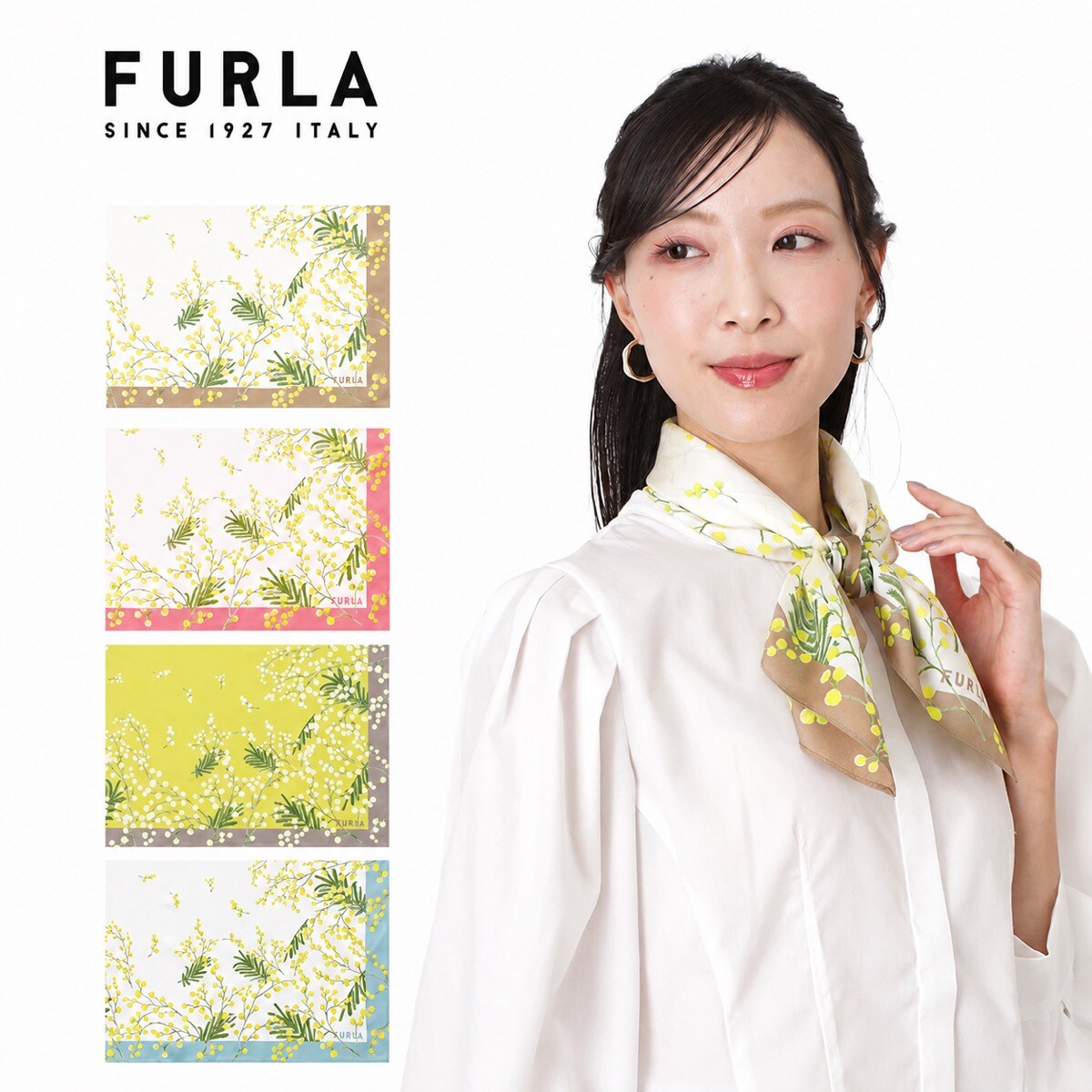 洗える】シルクスカーフ 65×65cm ツイル ミモザ 花柄 UV | フルラ