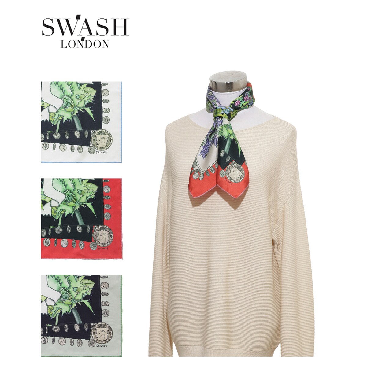 新品】SWASH LONDON シルクツイルプリントスカーフ 花柄 レッド 【公式