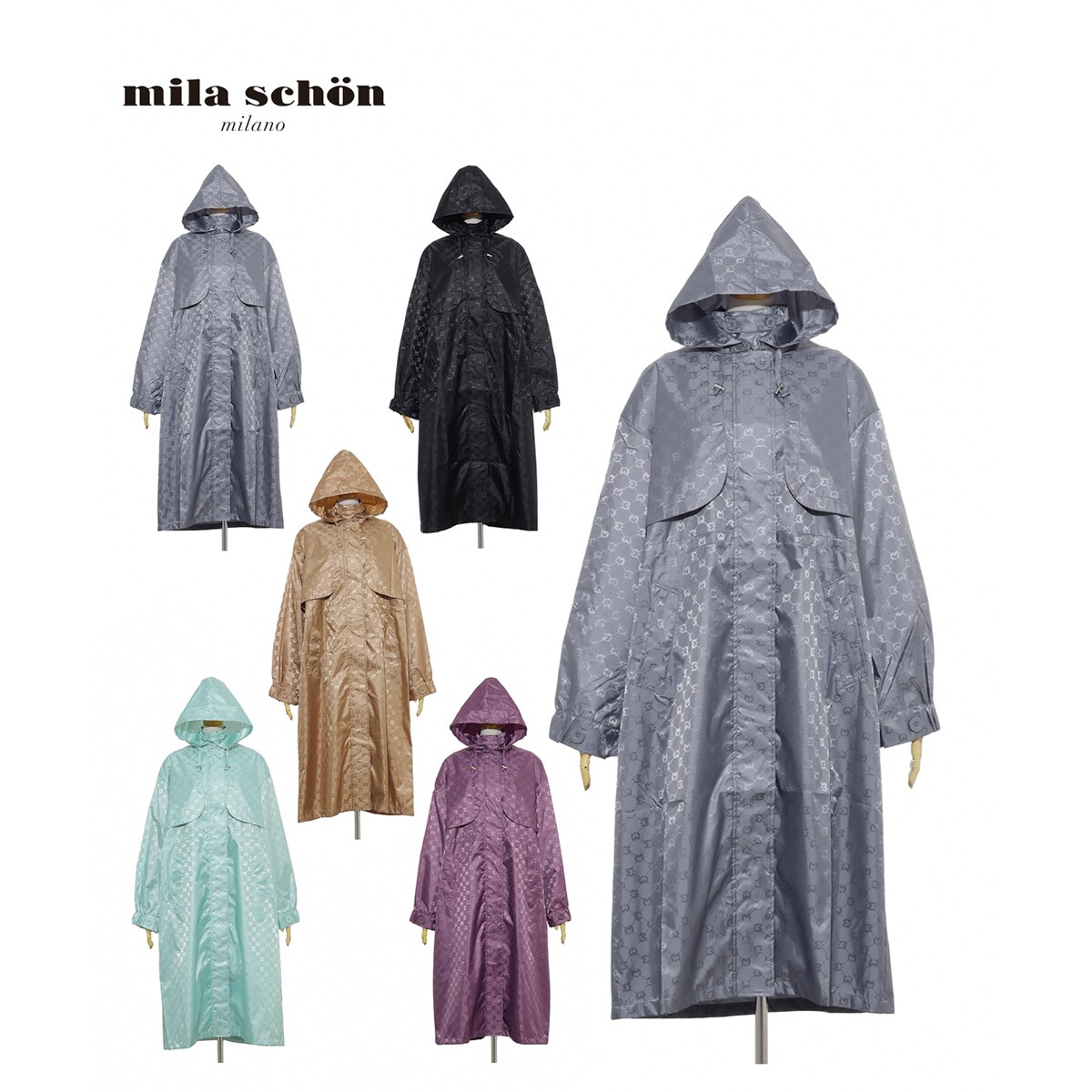 新品　mila schon ミラショーンロゴジャガード ステンカラーレインコート レインコート オーバーサイズコート ロゴ ジャカード モノグラム