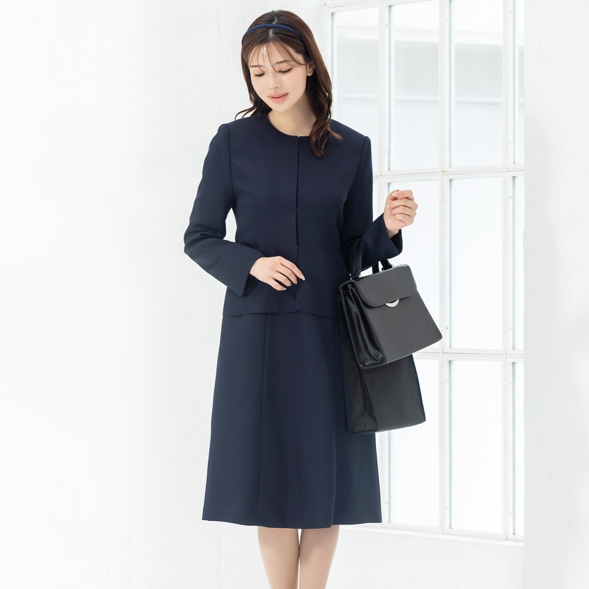 洗える / 抗菌消臭】 お受験スーツ ワンピース ノーカラー 濃紺 ひざ下