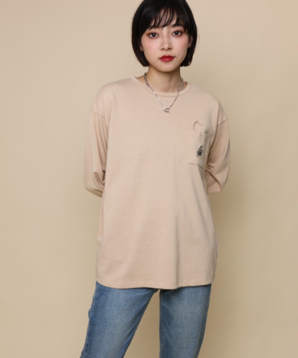 アイモハ aimoha 【genxder】ユニセックス オリジナル蝶々刺繍ポケットロングTシャツ （グレー） genxder】ユニセックス オリジナル蝶々刺繍ポケットロングT