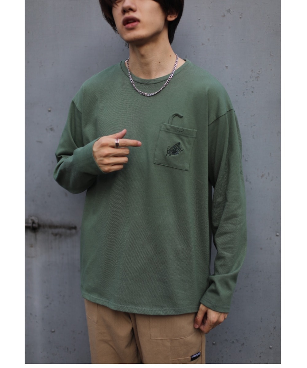 genxder ユニセックス オリジナル蝶 刺繍ポケットロングTシャツ アイモハ aimoha