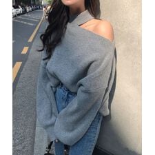 Jasmine新作 ワンショルハイネックセクシーニットトップス 韓国ファッション