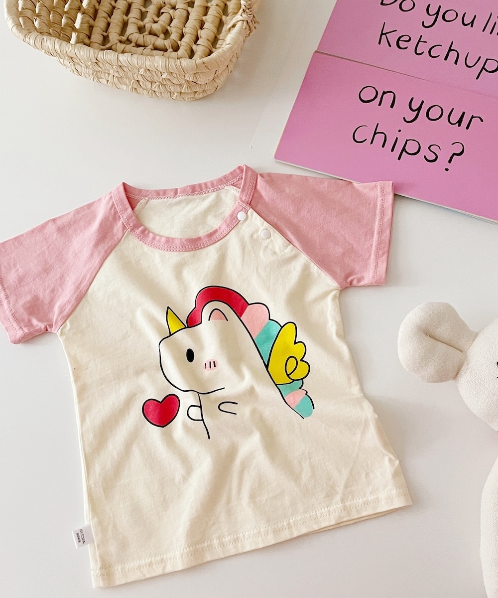 春夏/韓国子供服 かわいい動物イラストプリント 袖切り替え半袖tシャツ