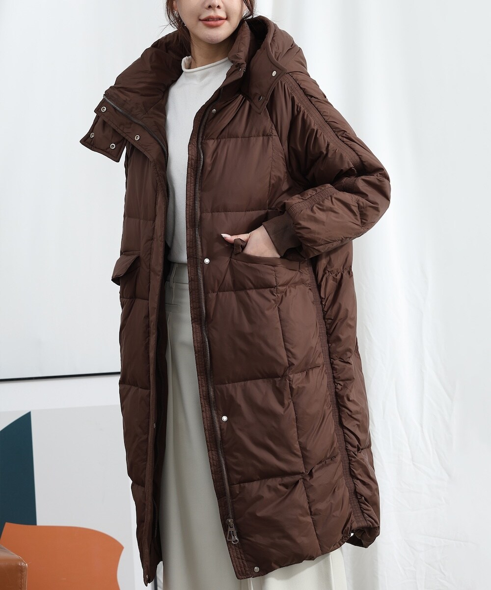 Aimoha】大きめフードのスタンドネックロングダウンジャケット