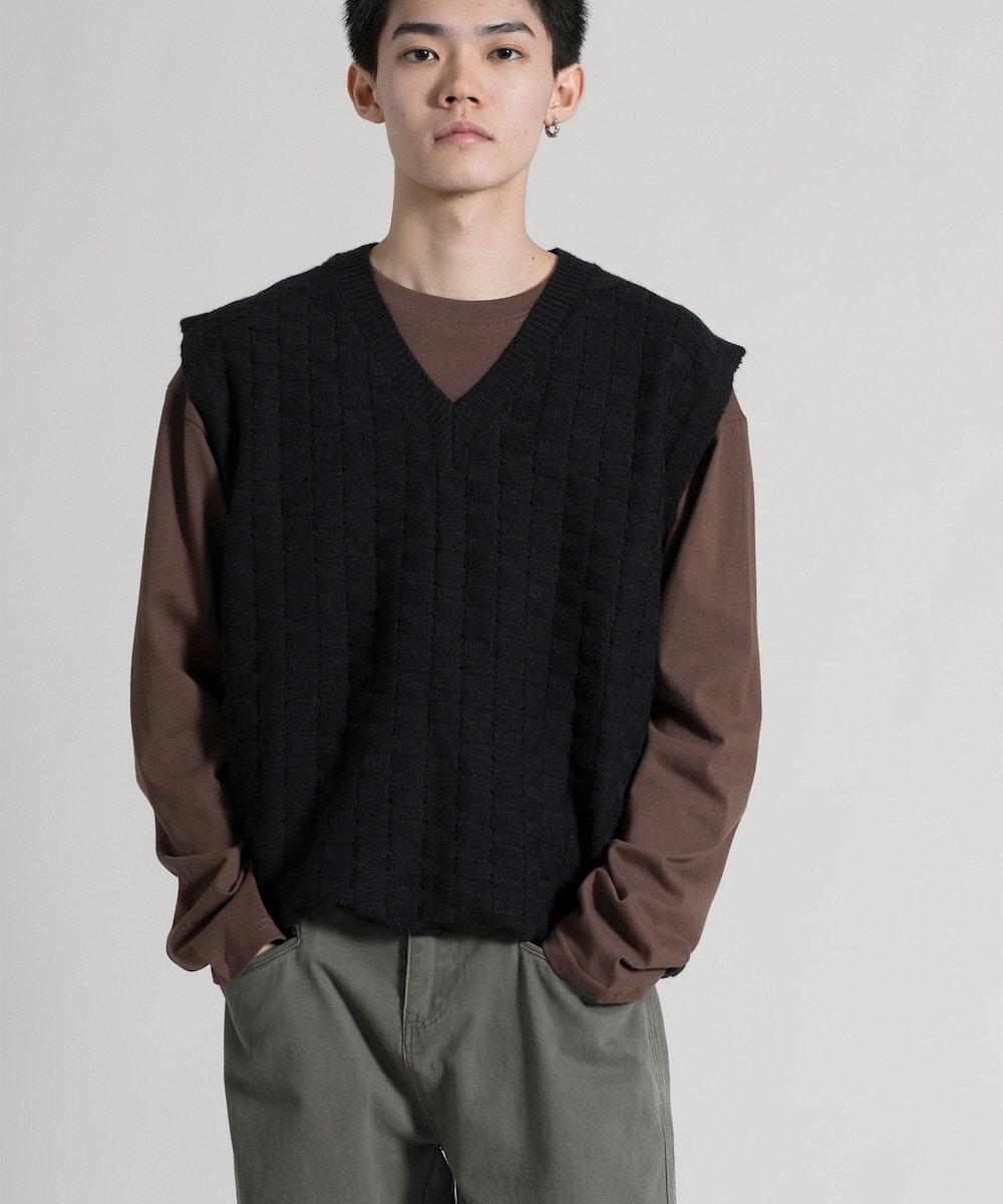 [�}���C]�yaimoha neo�z Textured V-Neck Sweater Vest �j�b�g�x�X�g/�A�C���n�iaimoha�j �u���b�N