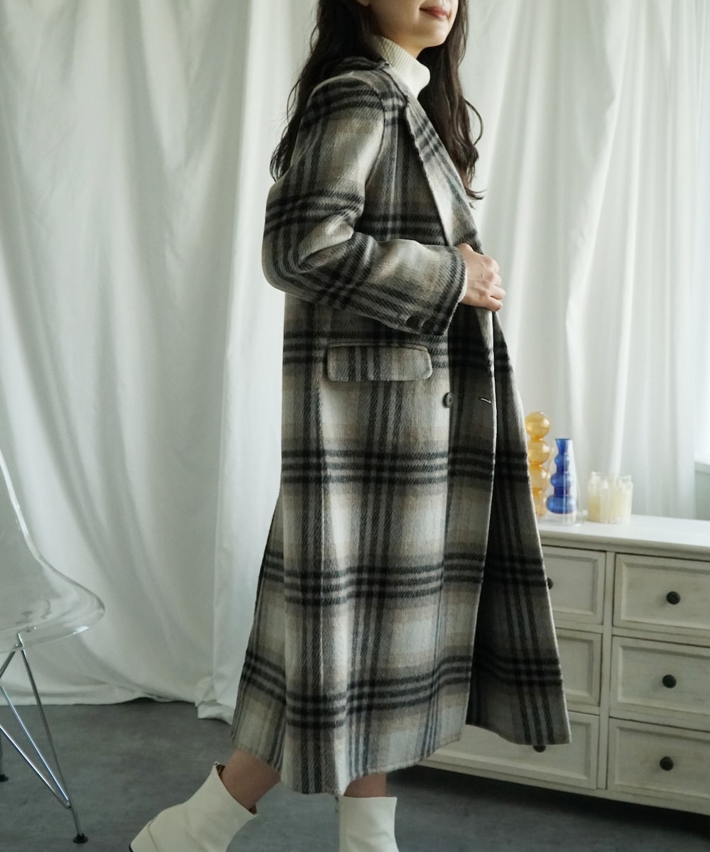 ウールチェック柄ロングコート ウール チェック柄 ロングコート グレー