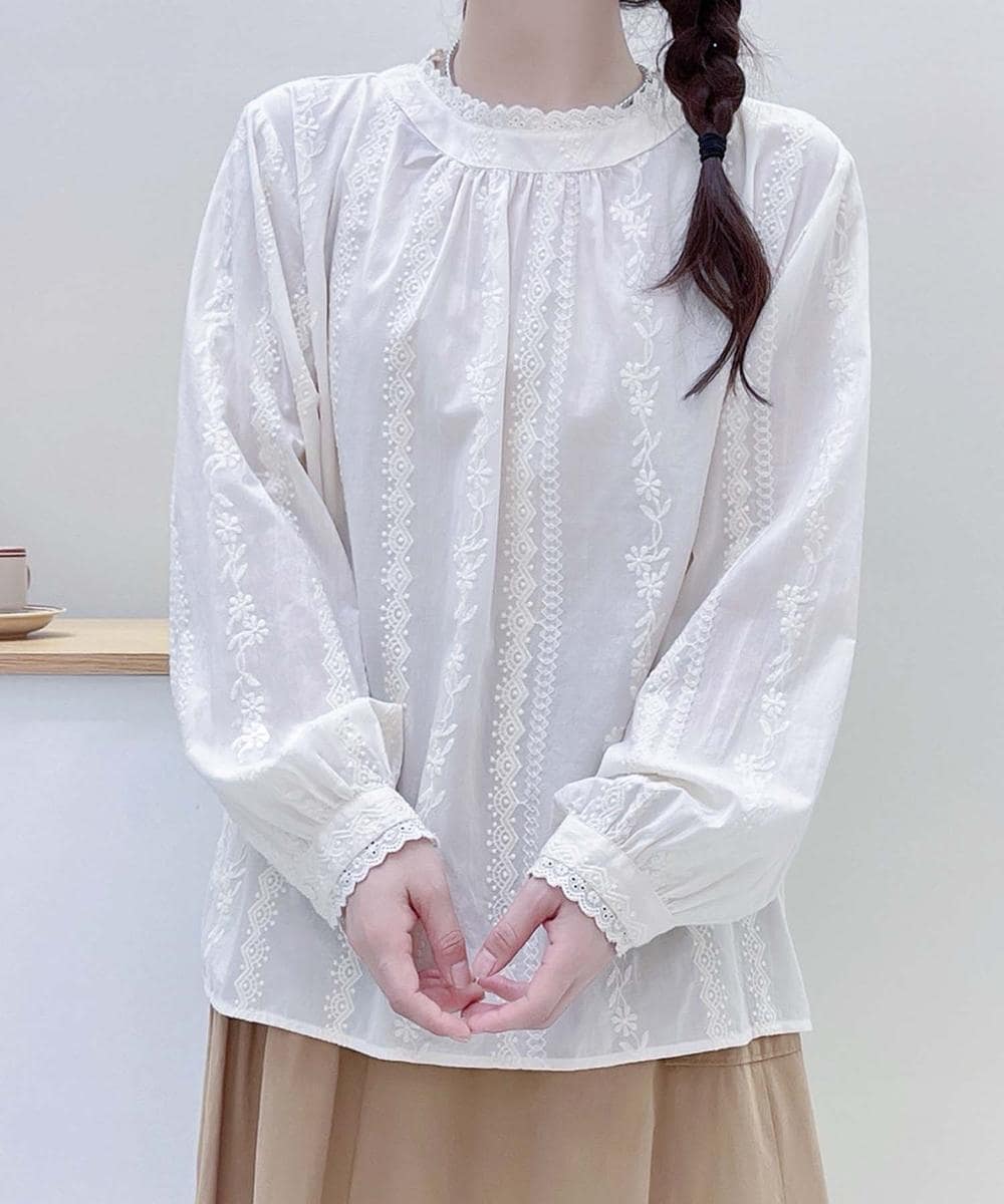 フリル襟刺繍スモックブラウス