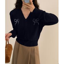 【aimoha】リボン刺繍Vネックニットカーディガン
