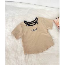 【aimoha-KIDS-】リボンネックリブTシャツ