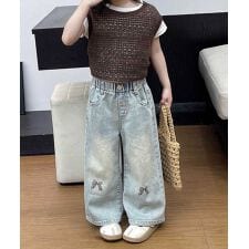 【aimoha-KIDS-】リボン刺繍デニムパンツ