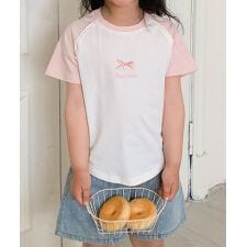 【aimoha-KIDS-】リボン付き　ラグランキッズTシャツ
