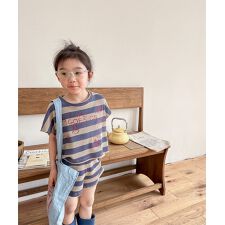 【aimoha-KIDS-】韓国子供服 フロントプリントボーダーTEE+ショットパンツ　セットアップ