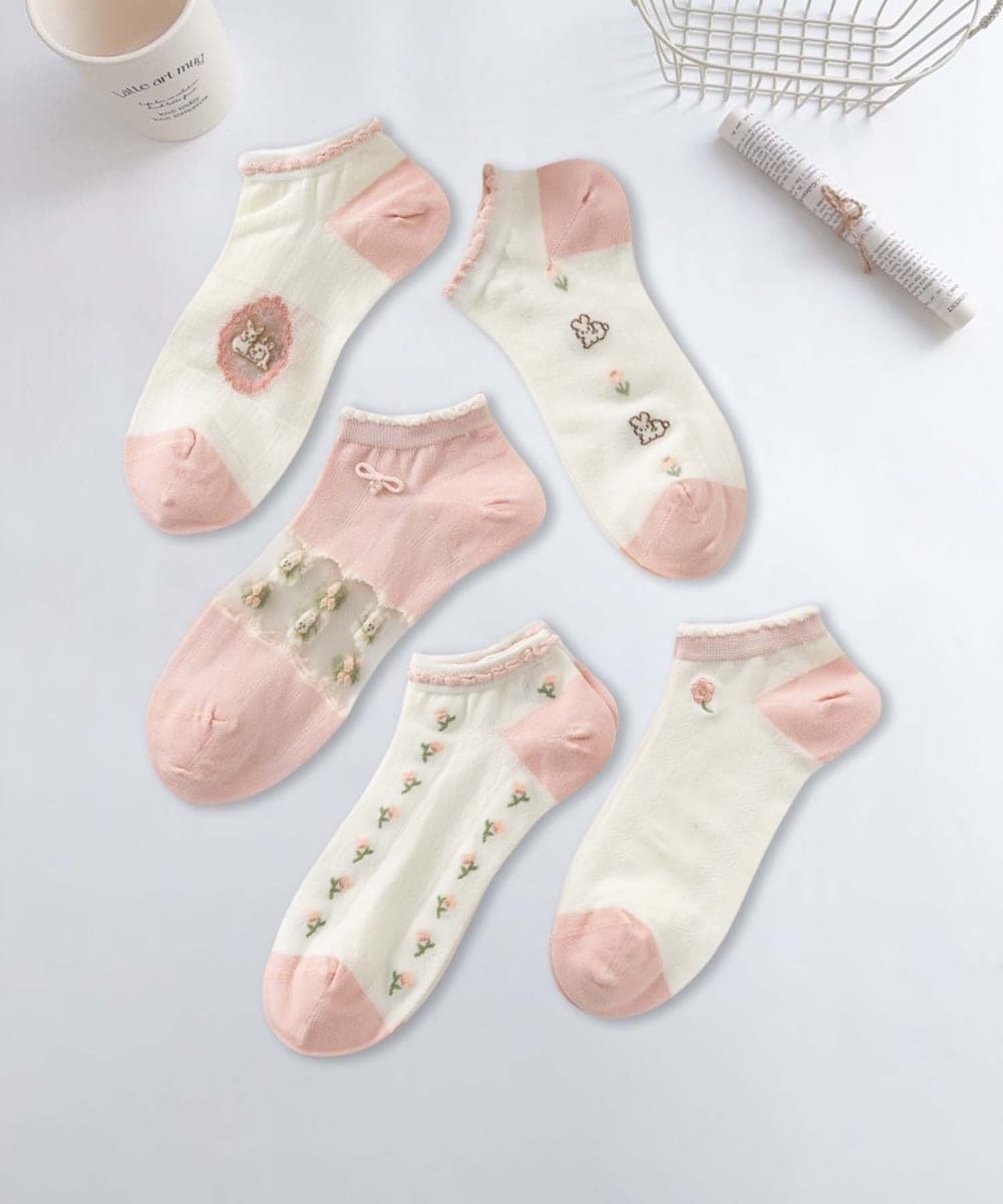 【MOSOX】ガーリーデザインレーヨン混アンクルソックス 5足セット
