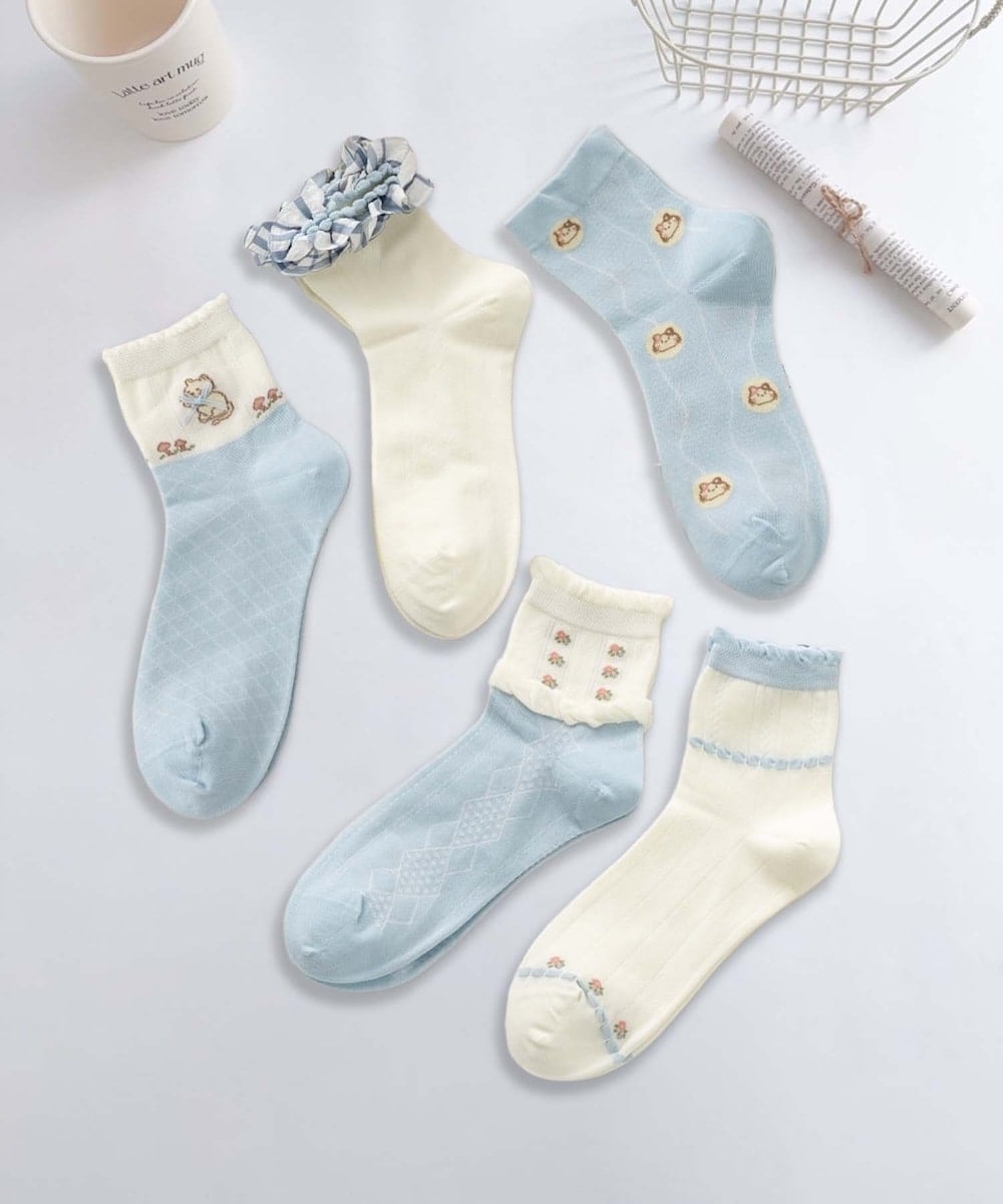 【MOSOX】ガーリーデザイン刺繍入りコットン混ソックス