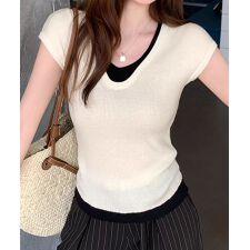 配色Vネック ノースリーブニットトップス