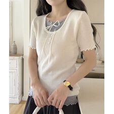 リボン付きフリルニットトップス