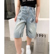 【aimoha-KIDS-】七分丈　ダメージデニムパンツ